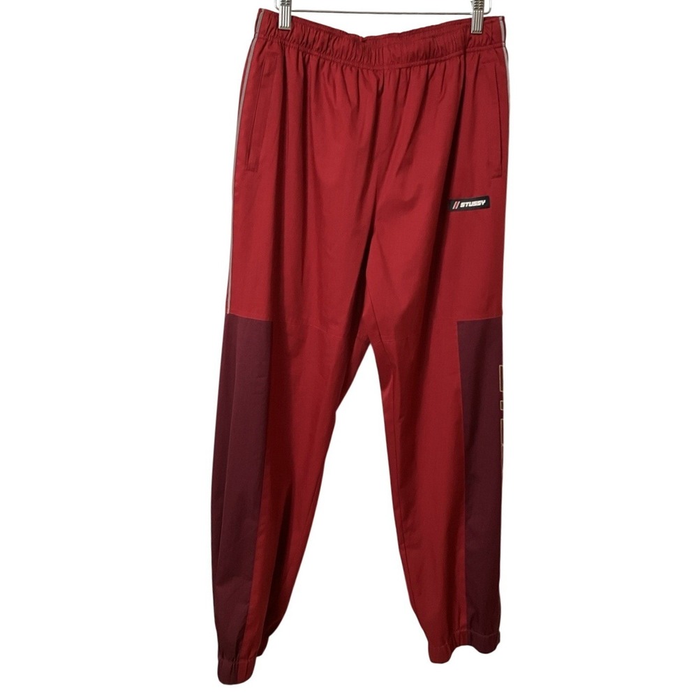 Stussy Red Burgundy Colorblock Track Pants Mesh Lined Joggers Mens Small